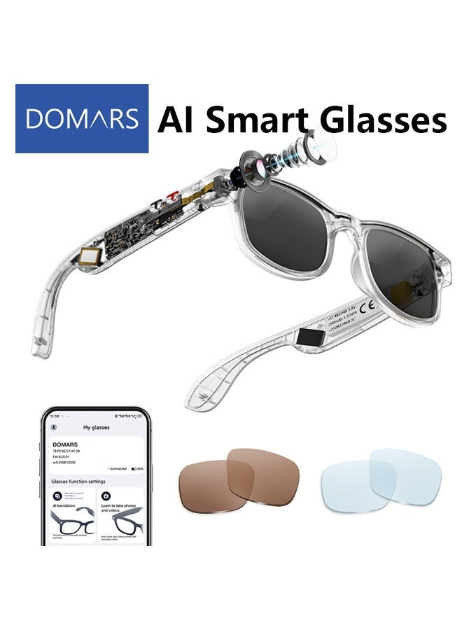Domars AI Smart Glasses UV Protection Anti-Blue Light with 8MP Camera HD Photo Capture Auto Color-Changing Interchangeable Lenses for Men Women Travel Recording Voice Calls Language Translation 1 Pair Clear Of Eyeglass Frames + 3 Pairs Of Lenses - Image 1